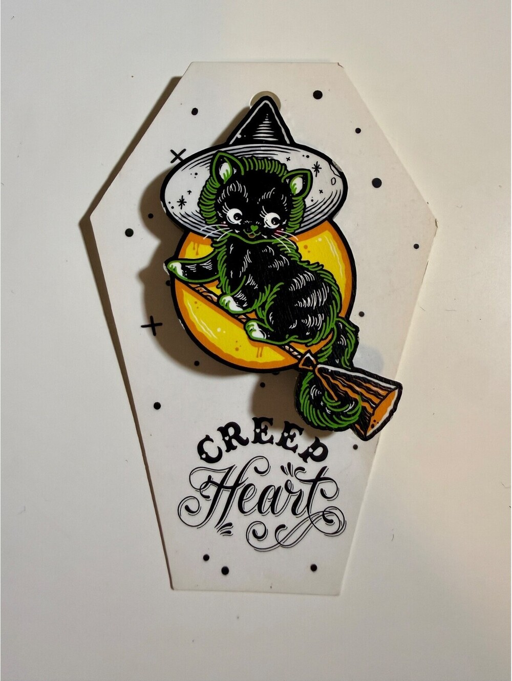 Witch Cat Brooch - Creep Heart by Ella Mobbs Halloween Retro Painted Acrylic Pin